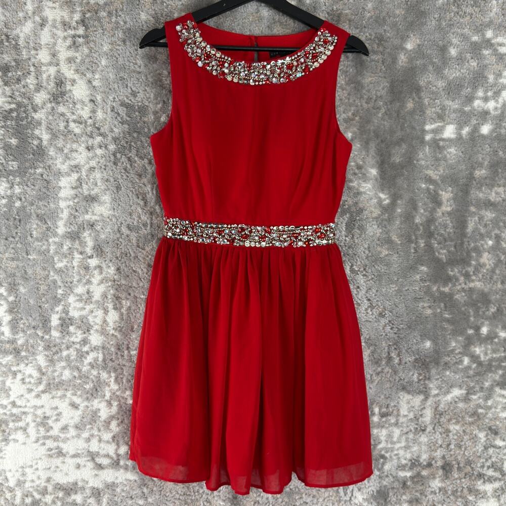 City Studio Junior Size 5 Rhinestone Fit Flare Mini Dress Red Sleeveless Lined